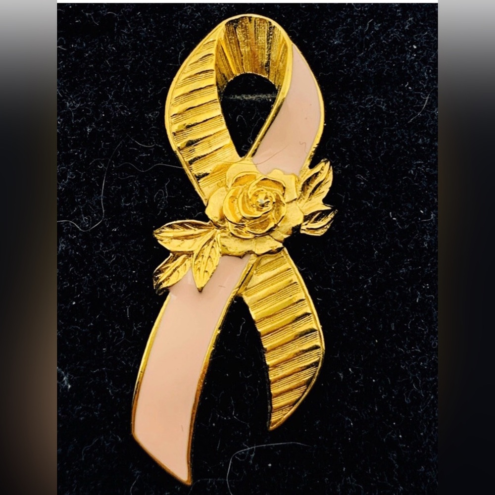 Avon Gold and Pink Floral Ribbon Brooch